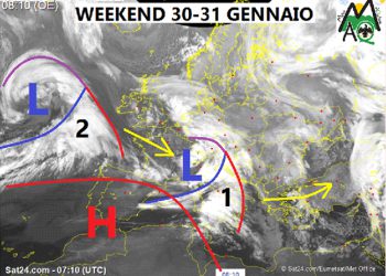 Meteo: previsioni per il 30 e 31 Gennaio 2021, weekend dal sapore atlantico con piogge a valle e neve sui monti