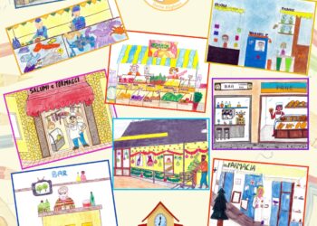Commercianti del Torrione ricevono dai bambini il calendario con i disegni dei loro negozi