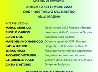 Il 12 settembre l’inaugurazione del liceo “Teofilo Patini” di Castel di Sangro