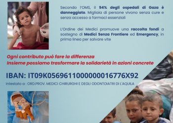 Ordine Medici L’Aquila: Al via raccolta fondi emergenza umanitaria a Gaza, attivato conto corrente