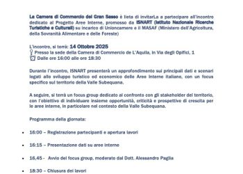 Aree interne, Valle Subequana al centro di un incontro promosso da Camera di Commercio Gran Sasso e Isnart